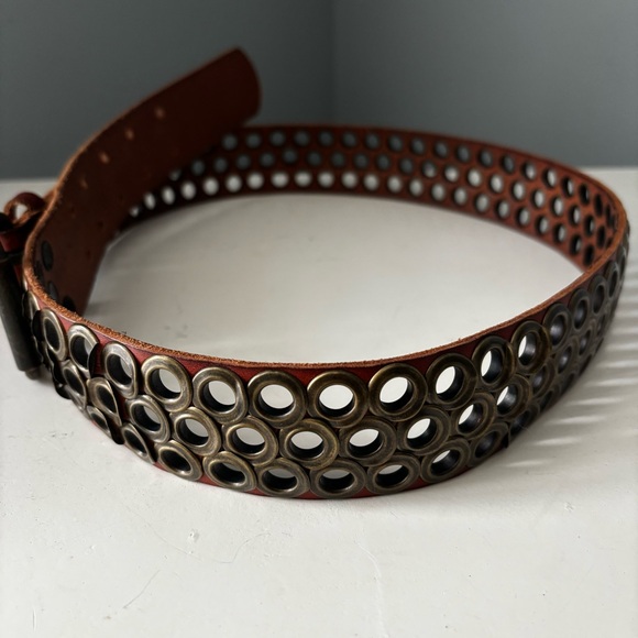 J. Crew Brown Leather Belt with Metal Eyelets Bronze Studded - Picture 2 of 5
